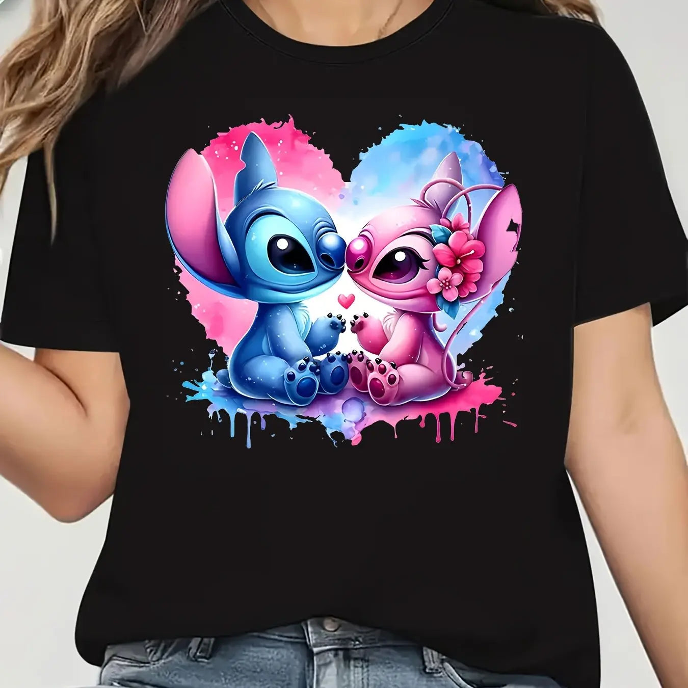 Summer Couple Cute Stitch Angel Cartoon Print 2025 New Women's Trend Short Sleeve T-Shirt Cotton Plus Size Loose Casual Top