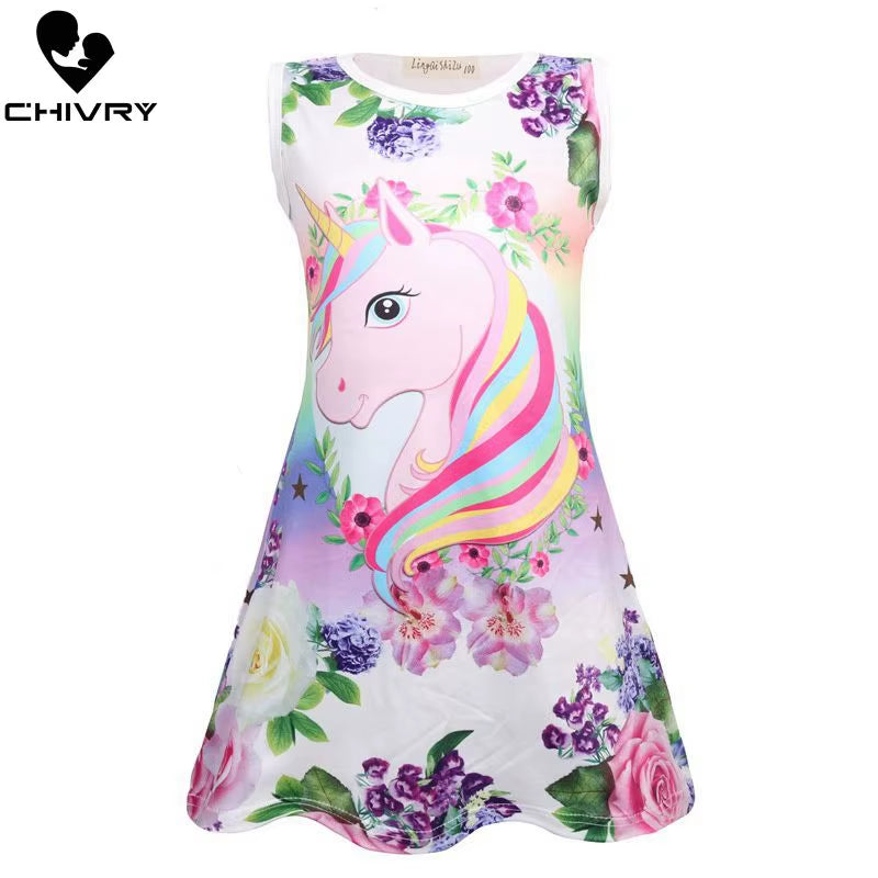 Chivry Summer 2021 New Little Girls Sleeveless A-Line Princess Dress Baby Girls Kids Casual Unicorn Print Sundress Vestidos
