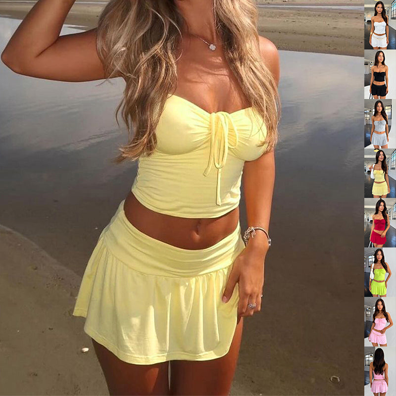 Damenanzüge Sommer Ärmelloses Tube-Top und Faltenrock Y2K Hot Girl Mittellanges Kleiderset