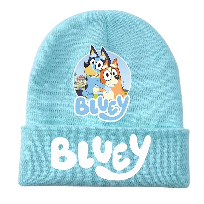 New Anime Bluey Children's Knitted Hat Cute Bingo Family Printed Wool Hat Autumn and Winter Style Velvet Hat Gift