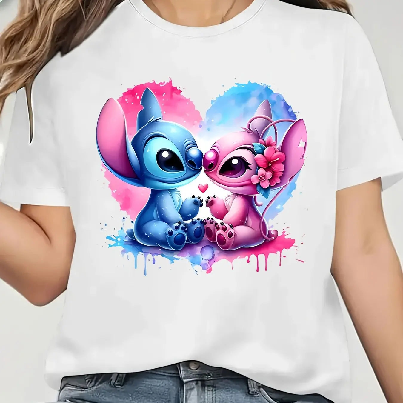 Summer Couple Cute Stitch Angel Cartoon Print 2025 New Women's Trend Short Sleeve T-Shirt Cotton Plus Size Loose Casual Top