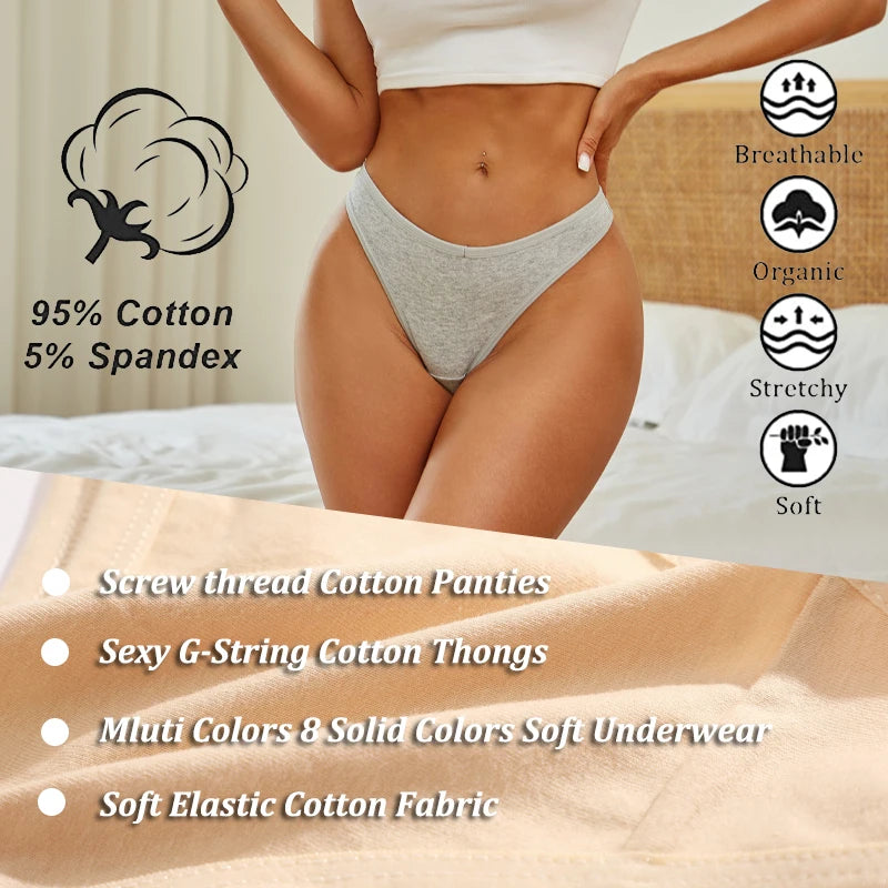 8PCS Women Cotton Thongs Sexy V Waist G-String Panties Seamless Soft Underwear for Women Solid Color Girls Intimates Lingerie