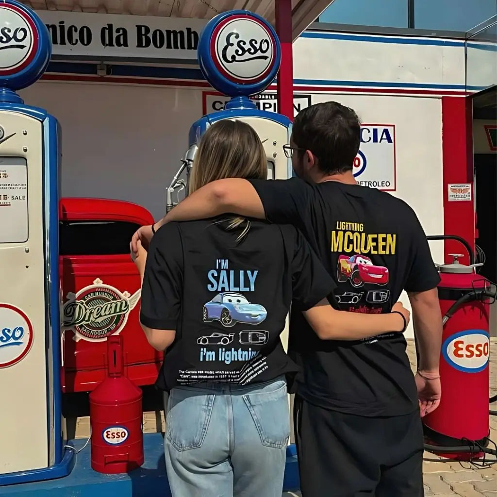 Disney Pixar Movie Cars T-shirt Couple Mens Womens Lightning Mcqueen Sally Oversized Y2k T-shirts Double-sided Printed Clothing