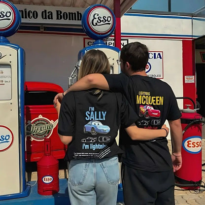 Disney Pixar Movie Cars T-shirt Couple Mens Womens Lightning Mcqueen Sally Oversized Y2k T-shirts Double-sided Printed Clothing