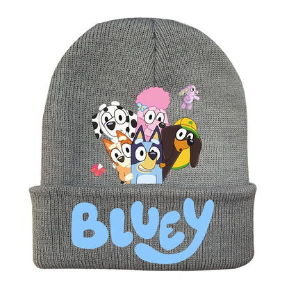 New Anime Bluey Children's Knitted Hat Cute Bingo Family Printed Wool Hat Autumn and Winter Style Velvet Hat Gift