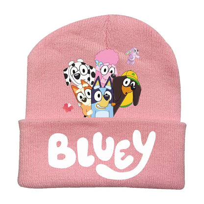 New Anime Bluey Children's Knitted Hat Cute Bingo Family Printed Wool Hat Autumn and Winter Style Velvet Hat Gift