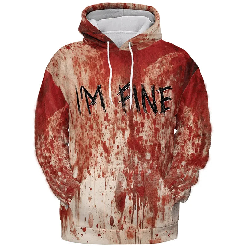 Horror Halloween Party Graphic Sweatshirts Bloody Patterns Design Hoodies For Men Clothes I'm Fine Blood Stained Y2k Pullovers
