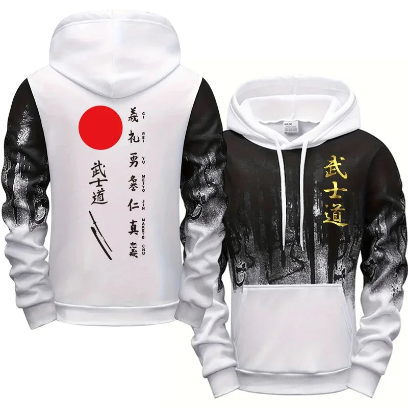 Japanese Bushido Print Hoodie for Men 2025 New Arrival Men Hooded Long Sleeve Sweatshirt All Season Daliy Casual Sporty Pullover
