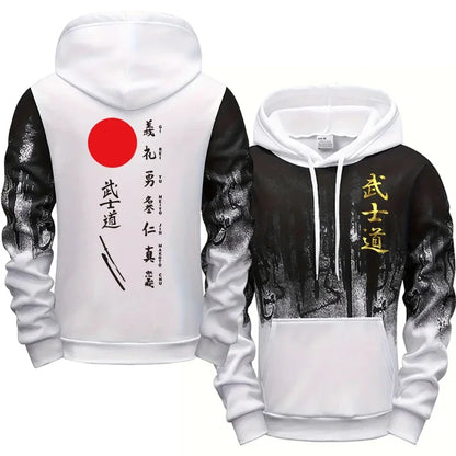 Japanese Bushido Print Hoodie for Men 2025 New Arrival Men Hooded Long Sleeve Sweatshirt All Season Daliy Casual Sporty Pullover