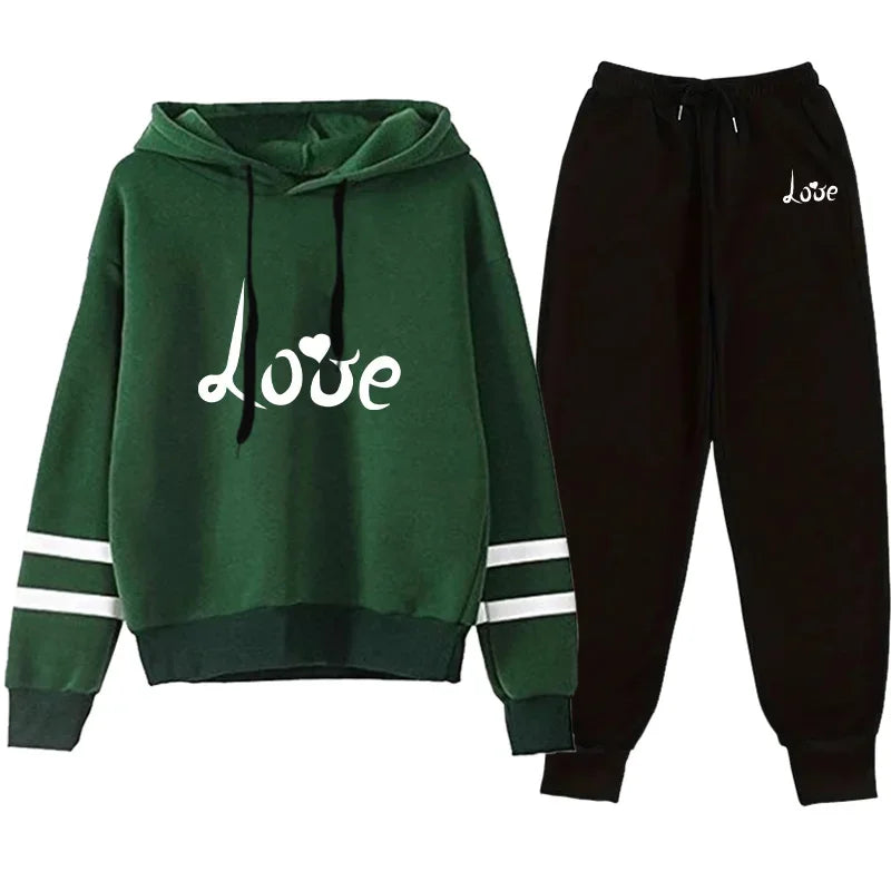 Love Print Hoodie Jogger Set Autumn Winter Casual Sport Outfit 2025 Hot Sale Womens Tracksuit Hooded Sweatshirt Black Sweatpants