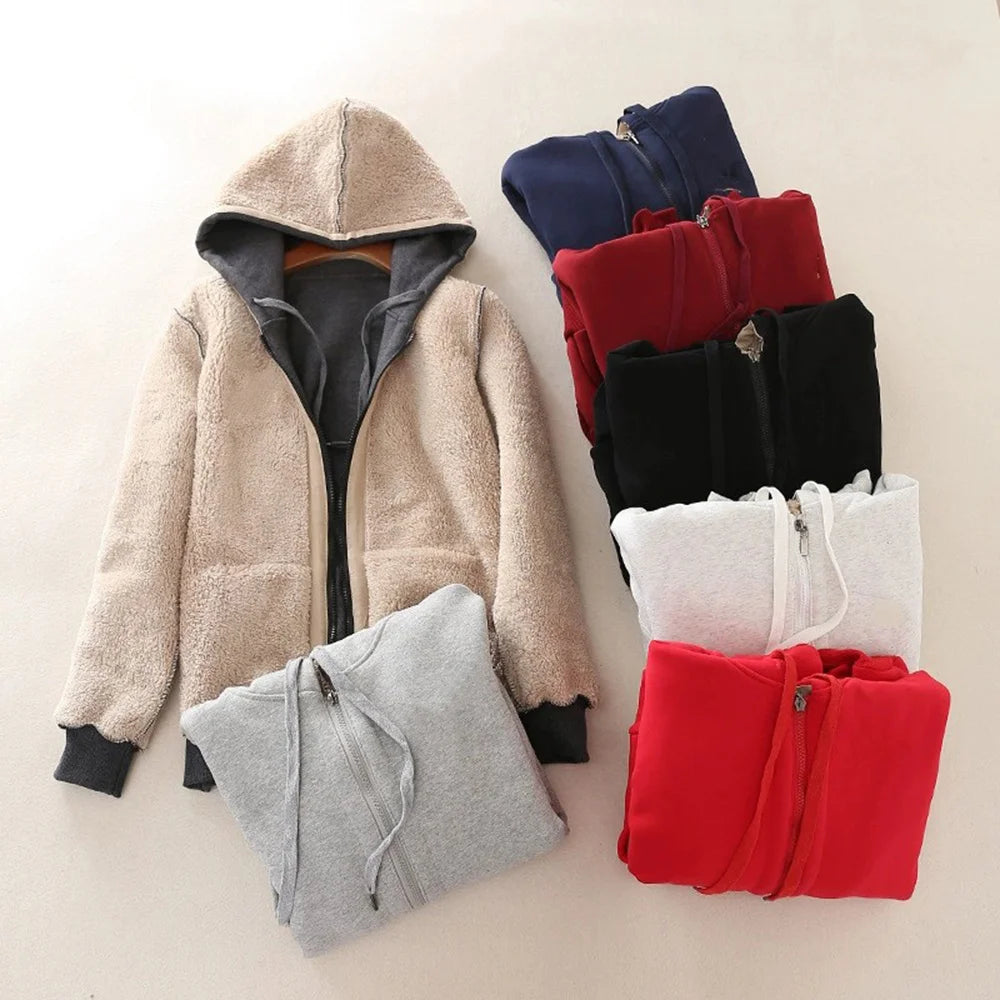 Women's Thick Lined Hoodie Jacket with Pocket Drawstring Hood Front Zipper Warm Coat Unisex's Outwear Long Sleeve Solid Color H9