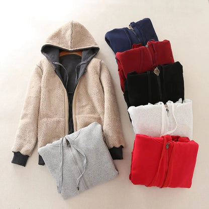 Women's Thick Lined Hoodie Jacket with Pocket Drawstring Hood Front Zipper Warm Coat Unisex's Outwear Long Sleeve Solid Color H9