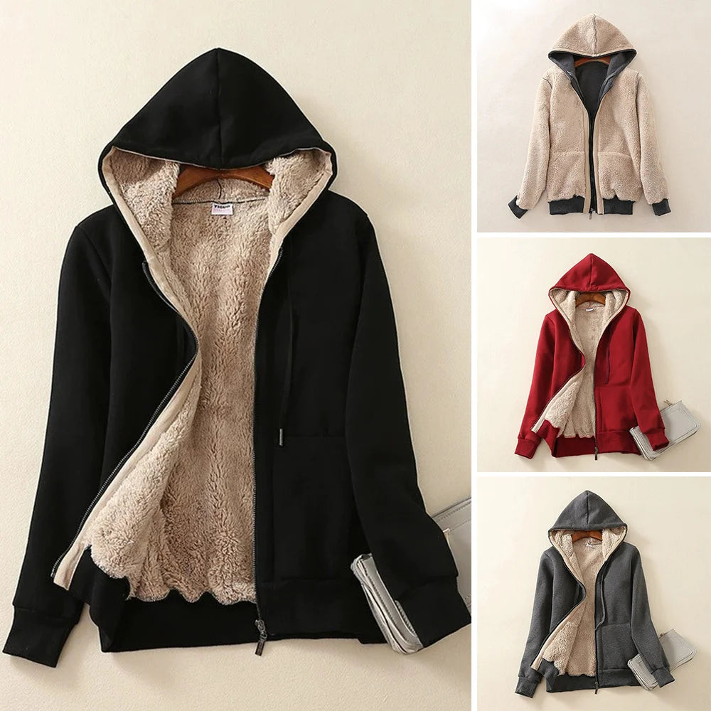 Women's Thick Lined Hoodie Jacket with Pocket Drawstring Hood Front Zipper Warm Coat Unisex's Outwear Long Sleeve Solid Color H9