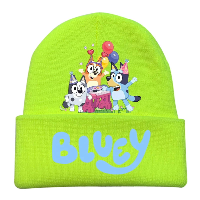 New Anime Bluey Children's Knitted Hat Cute Bingo Family Printed Wool Hat Autumn and Winter Style Velvet Hat Gift