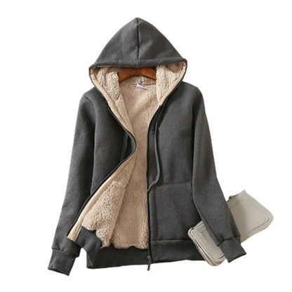 Women's Thick Lined Hoodie Jacket with Pocket Drawstring Hood Front Zipper Warm Coat Unisex's Outwear Long Sleeve Solid Color H9
