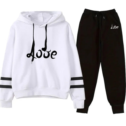Love Print Hoodie Jogger Set Autumn Winter Casual Sport Outfit 2025 Hot Sale Womens Tracksuit Hooded Sweatshirt Black Sweatpants