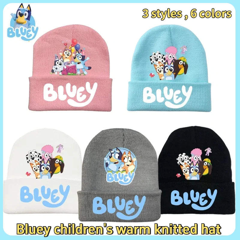 New Anime Bluey Children's Knitted Hat Cute Bingo Family Printed Wool Hat Autumn and Winter Style Velvet Hat Gift