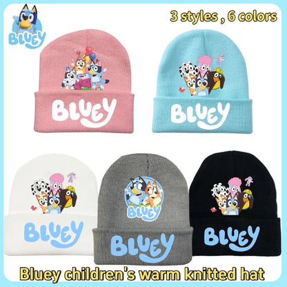 New Anime Bluey Children's Knitted Hat Cute Bingo Family Printed Wool Hat Autumn and Winter Style Velvet Hat Gift
