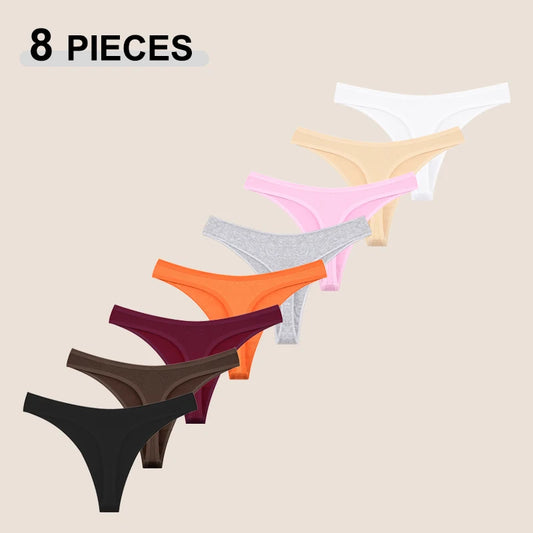 8PCS Women Cotton Thongs Sexy V Waist G-String Panties Seamless Soft Underwear for Women Solid Color Girls Intimates Lingerie