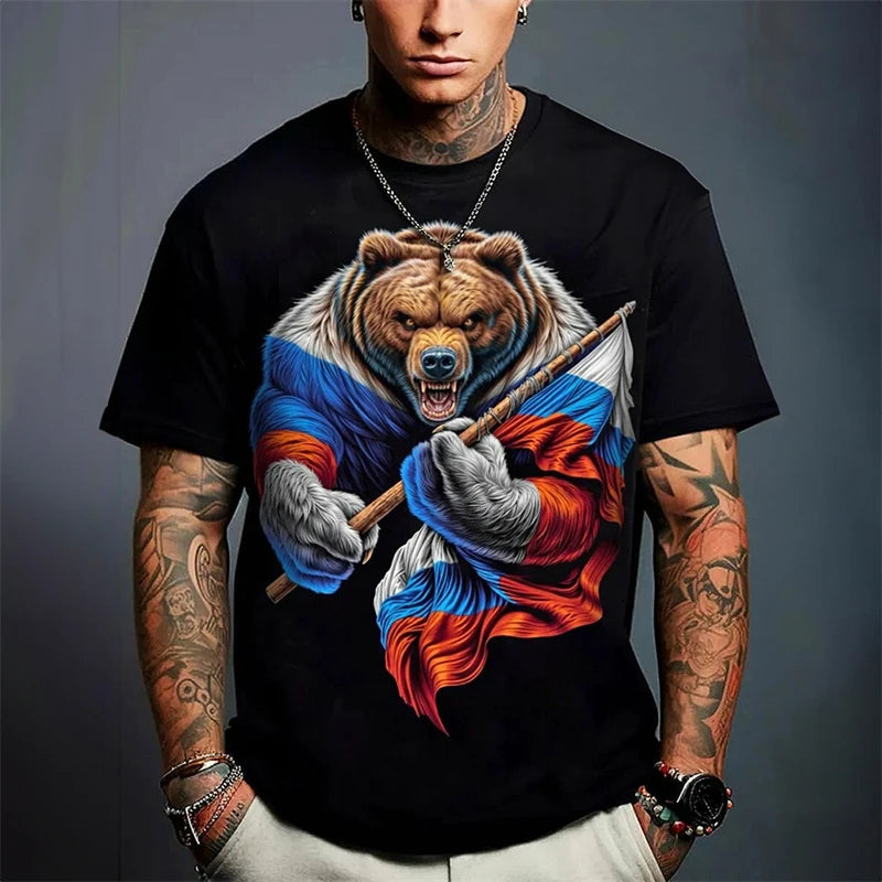 Russian Bear Graphic T-shirt Men's Clothing Russian Flag Design CCCP O-neck Short Sleeve T Shirts Summer 2025 Novel Men Tees