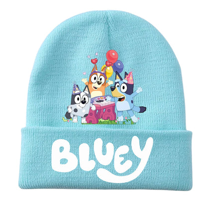 New Anime Bluey Children's Knitted Hat Cute Bingo Family Printed Wool Hat Autumn and Winter Style Velvet Hat Gift