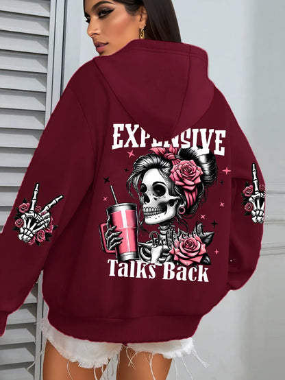 Expensive Talks Back Funny Printing Womens Hoodie Loose Multicolor Pullovers Fleece Autumn Sportswear Casual Pocket Hoody