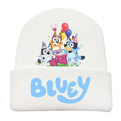 New Anime Bluey Children's Knitted Hat Cute Bingo Family Printed Wool Hat Autumn and Winter Style Velvet Hat Gift