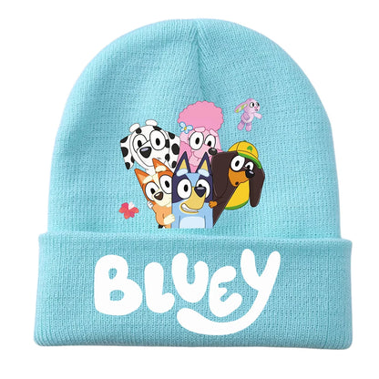 New Anime Bluey Children's Knitted Hat Cute Bingo Family Printed Wool Hat Autumn and Winter Style Velvet Hat Gift