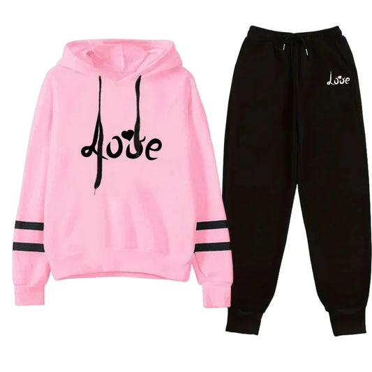 Love Print Hoodie Jogger Set Autumn Winter Casual Sport Outfit 2025 Hot Sale Womens Tracksuit Hooded Sweatshirt Black Sweatpants