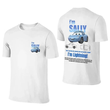 Disney Pixar Movie Cars T-shirt Couple Mens Womens Lightning Mcqueen Sally Oversized Y2k T-shirts Double-sided Printed Clothing