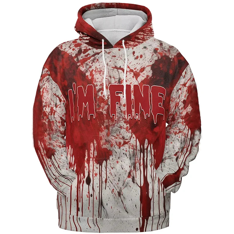 Horror Halloween Party Graphic Sweatshirts Bloody Patterns Design Hoodies For Men Clothes I'm Fine Blood Stained Y2k Pullovers