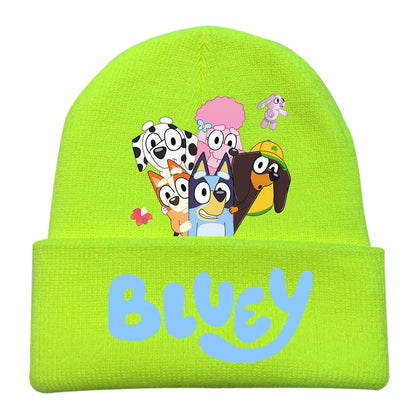 New Anime Bluey Children's Knitted Hat Cute Bingo Family Printed Wool Hat Autumn and Winter Style Velvet Hat Gift