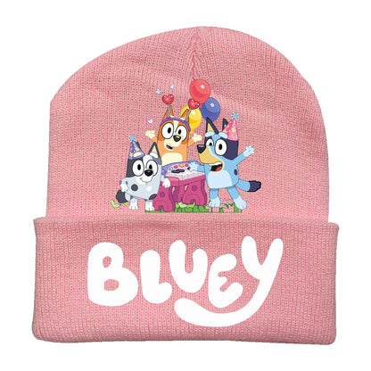 New Anime Bluey Children's Knitted Hat Cute Bingo Family Printed Wool Hat Autumn and Winter Style Velvet Hat Gift