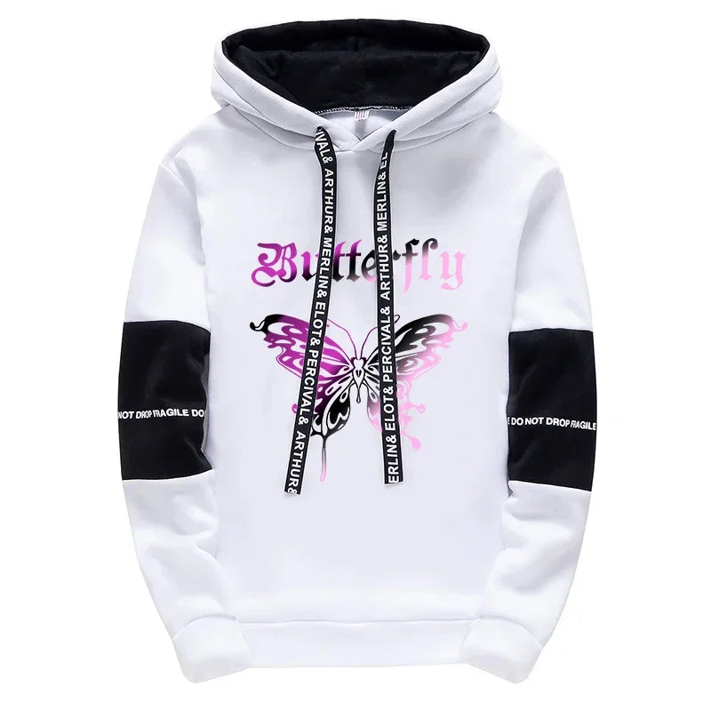 Girls Urban Fashion Loose Coat Butterfly Letter Print Hoodie for Woman High Grade Y2K Korean Style Hooded Long Sleeve Sweatshirt