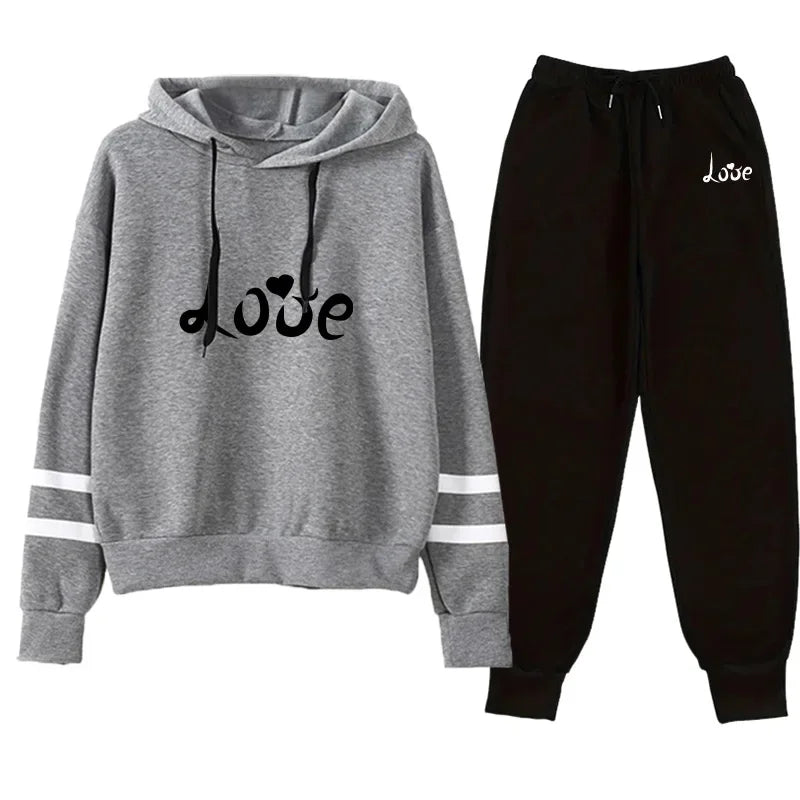 Love Print Hoodie Jogger Set Autumn Winter Casual Sport Outfit 2025 Hot Sale Womens Tracksuit Hooded Sweatshirt Black Sweatpants