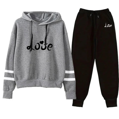 Love Print Hoodie Jogger Set Autumn Winter Casual Sport Outfit 2025 Hot Sale Womens Tracksuit Hooded Sweatshirt Black Sweatpants