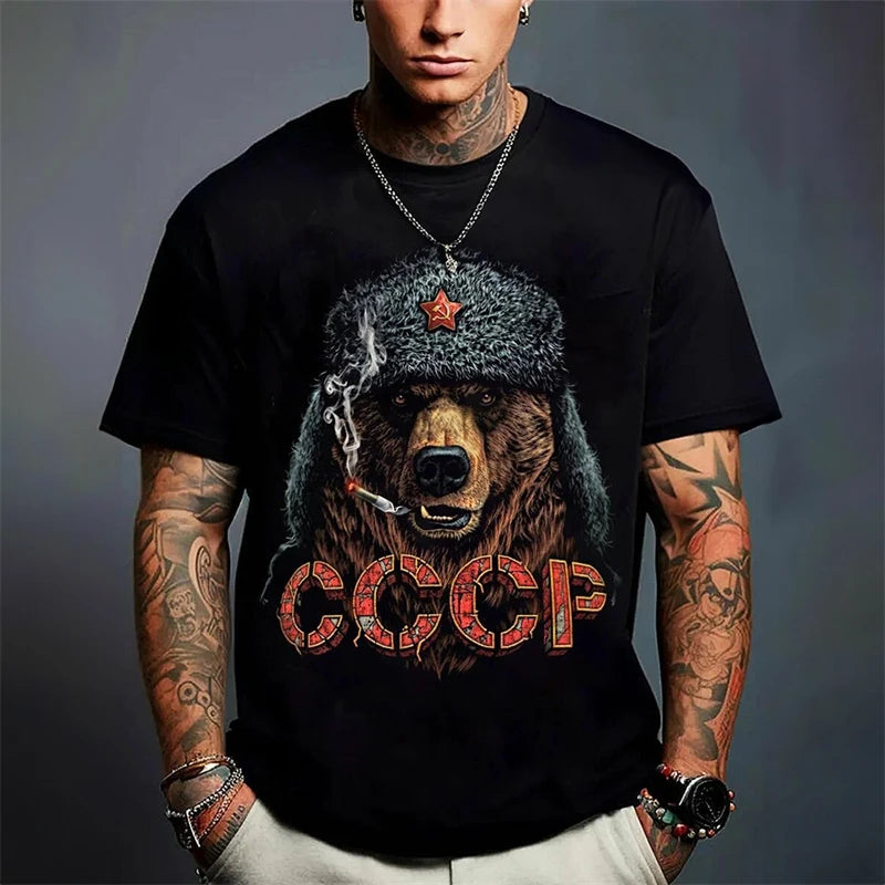 Russian Bear Graphic T-shirt Men's Clothing Russian Flag Design CCCP O-neck Short Sleeve T Shirts Summer 2025 Novel Men Tees