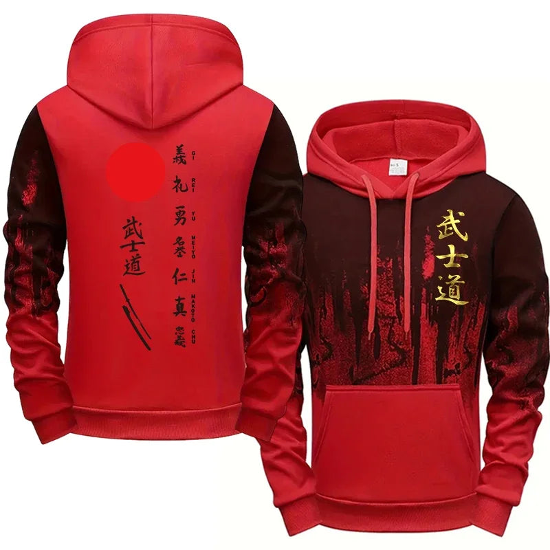 Japanese Bushido Print Hoodie for Men 2025 New Arrival Men Hooded Long Sleeve Sweatshirt All Season Daliy Casual Sporty Pullover