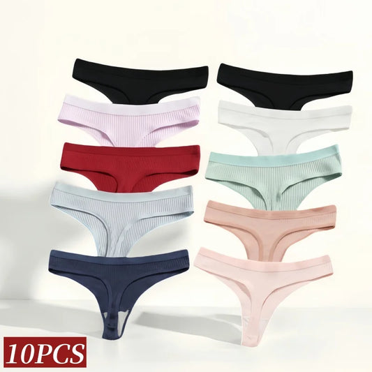 10Pcs/Set Cotton Underwear Women's Sexy Low-Waist Thongs Girls Sports Panties Stretchy T Back Soft Breathable Lingerie
