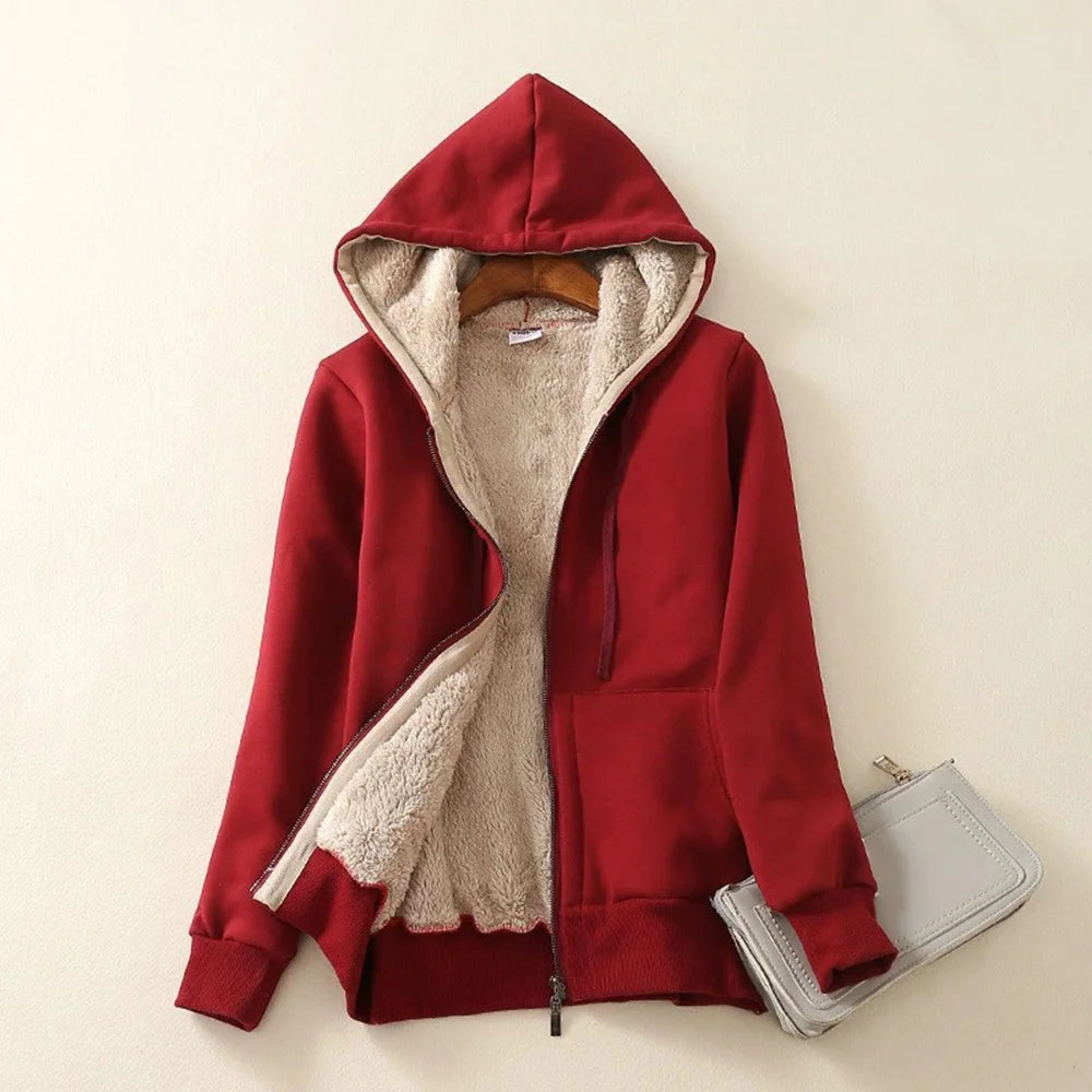 Women's Thick Lined Hoodie Jacket with Pocket Drawstring Hood Front Zipper Warm Coat Unisex's Outwear Long Sleeve Solid Color H9