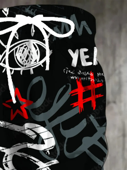 2025 Autumn New Men's Personalized Letter Graffiti Printed Soft and Comfortable Drawstring Pants Outdoor Street Style Pants