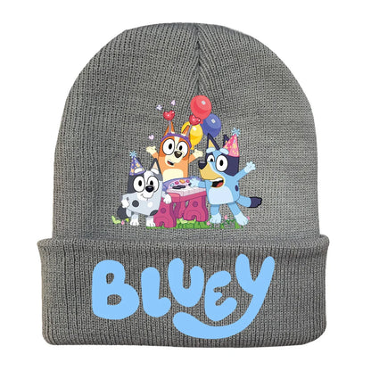 New Anime Bluey Children's Knitted Hat Cute Bingo Family Printed Wool Hat Autumn and Winter Style Velvet Hat Gift