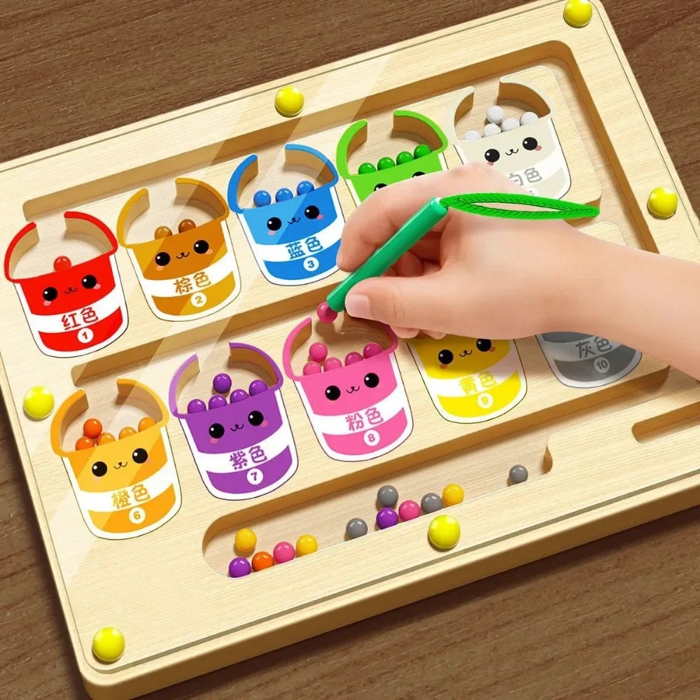 Montessori Magnetische Farbsortierspiele, Labyrinthbrett, Stift, bewegliche Perlenspiele, Holzsteuerung, sensorisches Spielen, pädagogisches Spielzeug für Kinder