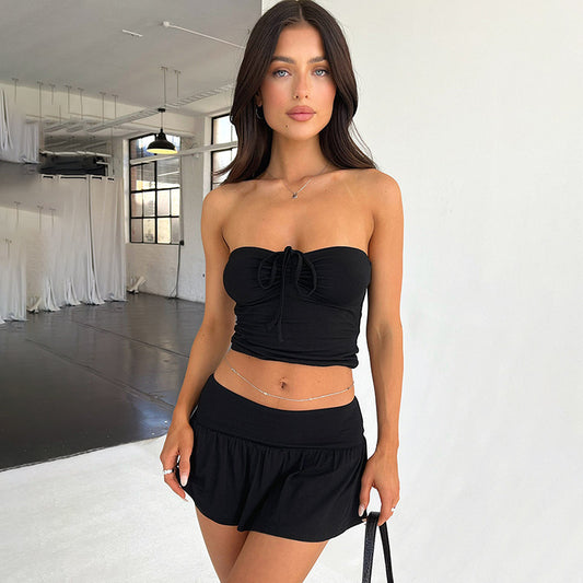 Damenanzüge Sommer Ärmelloses Tube-Top und Faltenrock Y2K Hot Girl Mittellanges Kleiderset