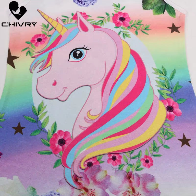 Chivry Summer 2021 New Little Girls Sleeveless A-Line Princess Dress Baby Girls Kids Casual Unicorn Print Sundress Vestidos